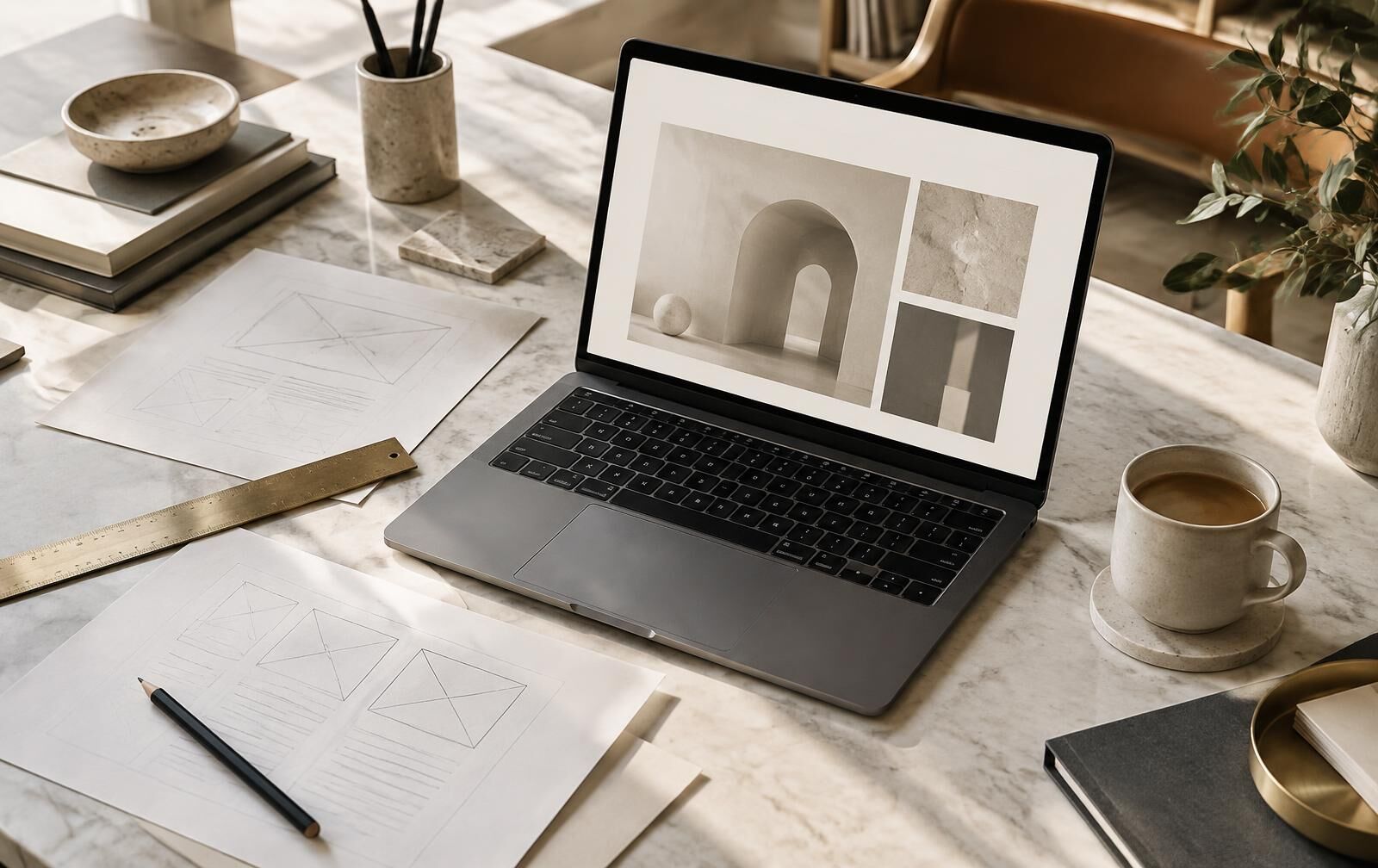 Bureau de conception Afrika Web Design : ordinateur portable affichant une maquette de site et croquis de wireframes